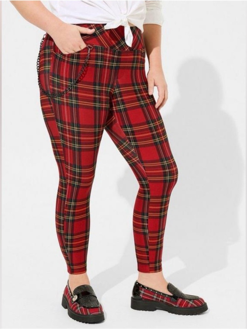 torrid Betsey Johnson Red Plaid Skinny Pants with Chain Accent 3